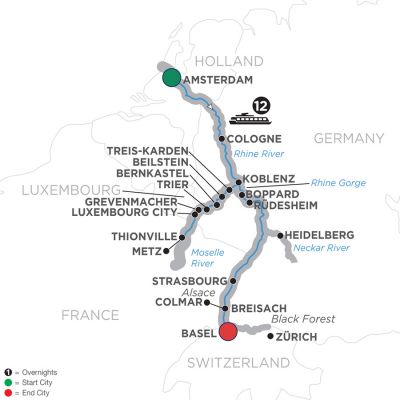 Map for The Rhine & Moselle – Southbound 2019 - 13 days Amsterdam to Basel
