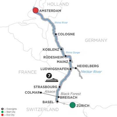 Map for Romantic Rhine – Northbound 2019 - 8 days Basel to Amsterdam