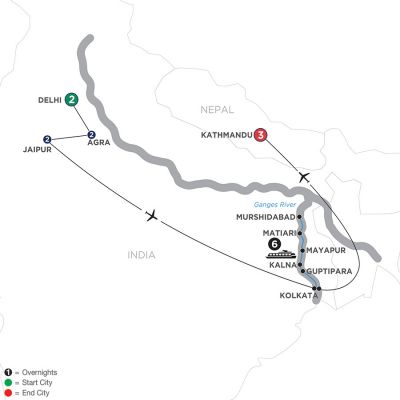 Map for Colorful India & the Ganges River with Kathmandu 2020 - 16 Day River Cruise Delhi to Kathmandu