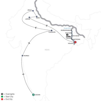 Map for Colorful India & the Ganges River with Southern India & Varanasi 2020 - 18 Day River Cruise Cochin to Kolkata