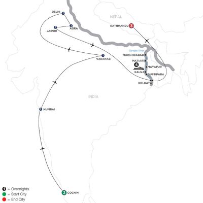 Map for Colorful India & the Ganges River with Southern India, Varanasi & Kathmandu 2020 - 21 Day River Cruise Cochin to Kathmandu