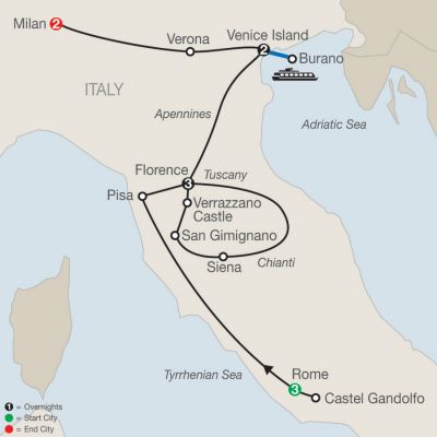 Map for Italian Highlights 2019 - 11 days from Rome to Milan