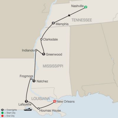 Map for America's Musical Heritage with Extended Stay in New Orleans 2020 - 12 Day Tour from Nashville to New Orleans